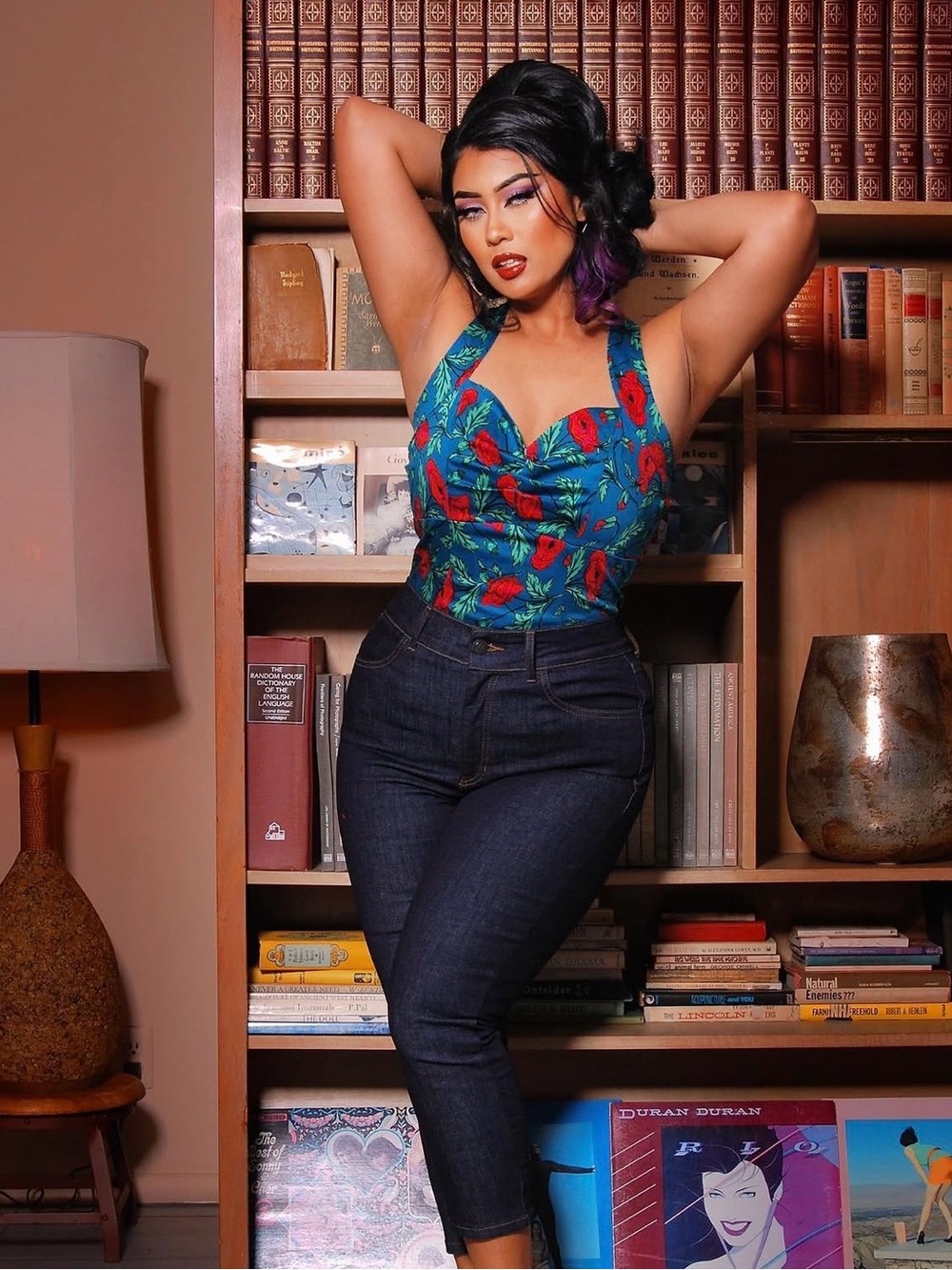 Pinup Couture PUG TRIXIE Top In Blue Red Poppies Size L NWOT